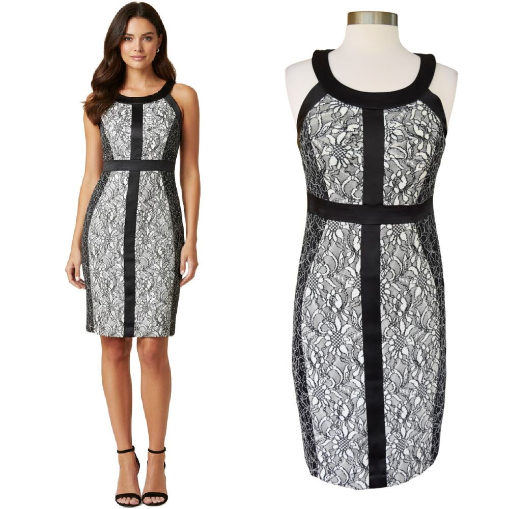 JAX Black White Floral Lace Halter Sheath Dress Colorblock Satin Trim Cocktail